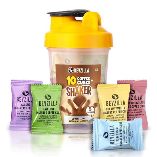 Bevzilla Instant Coffee Cubes & Bottle Pack With 10 Coffee Cubes (2 Cubes Each Flavour) & Creamy Vanilla | BPA Free Shaker 500 Ml Leak Proof
