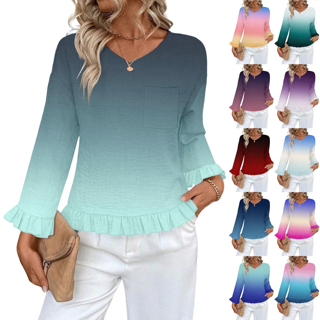 Women's Casual Fashion Ruffled V-Neck Pocket Gradient Print Long Sleeve Top