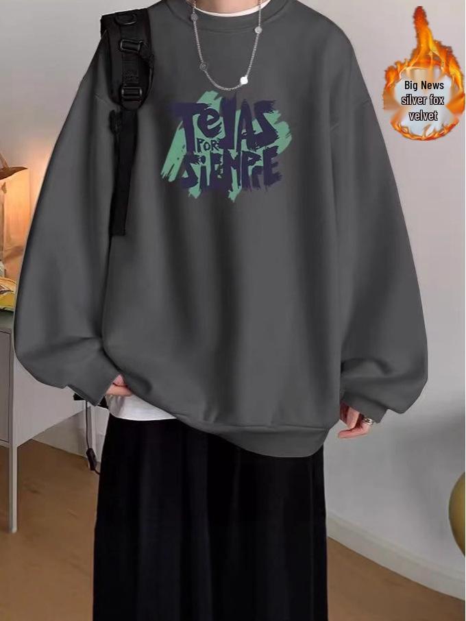 Men's Retro Silver Fox Fleece Sweatshirt - Warm, Loose, Crew Neck, Long-Sleeved, Autumn/Winter Fashion.