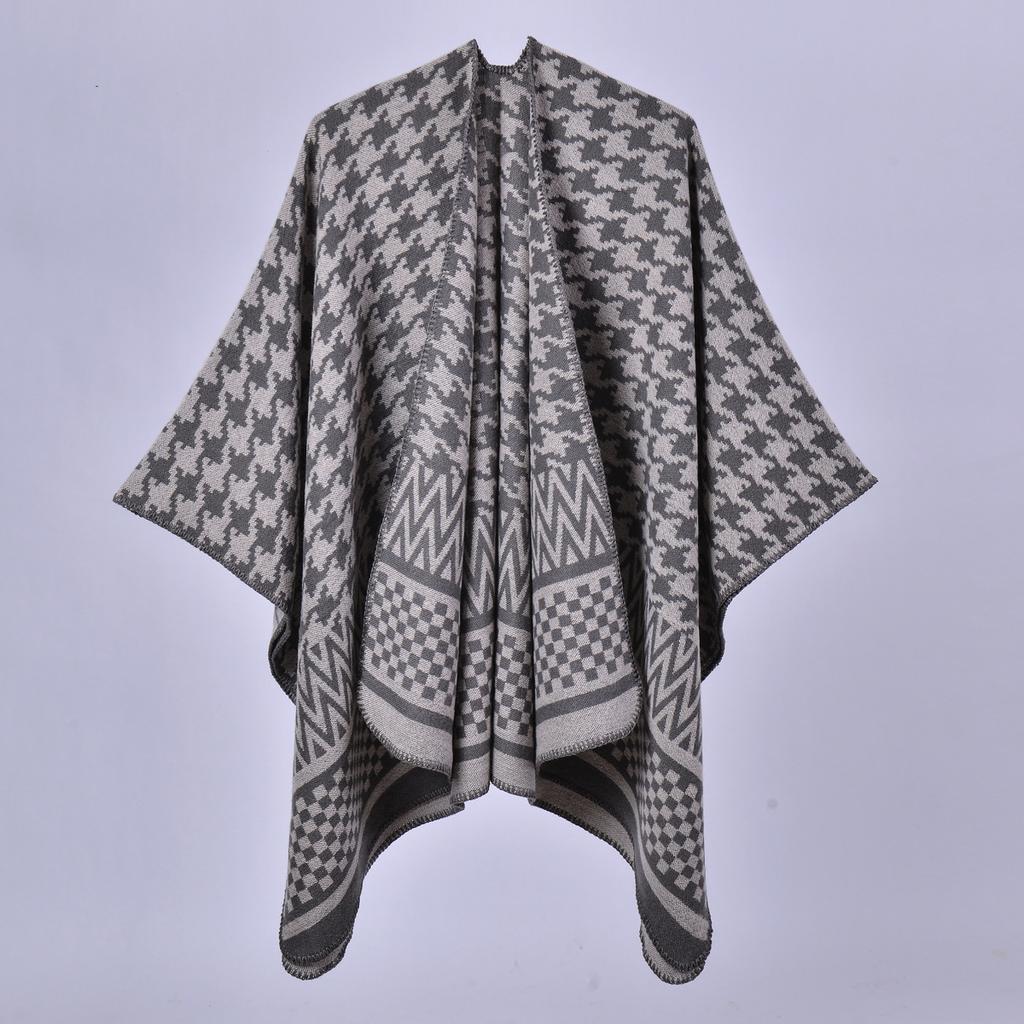 Women's New Autumn and Winter Warm Shawl European and American Classic Thousand Bird Grid Cloak Knitted Scarf Shawl Split Cloak