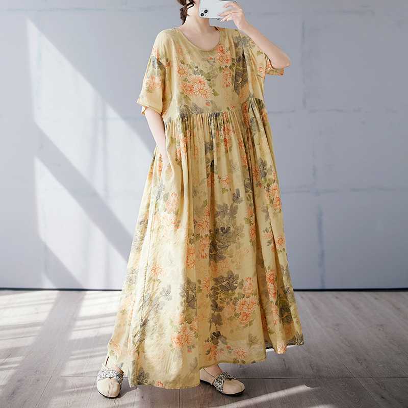Simple and Fashionable Long Skirt Summer Short Sleeved Round Neck Printed Dress