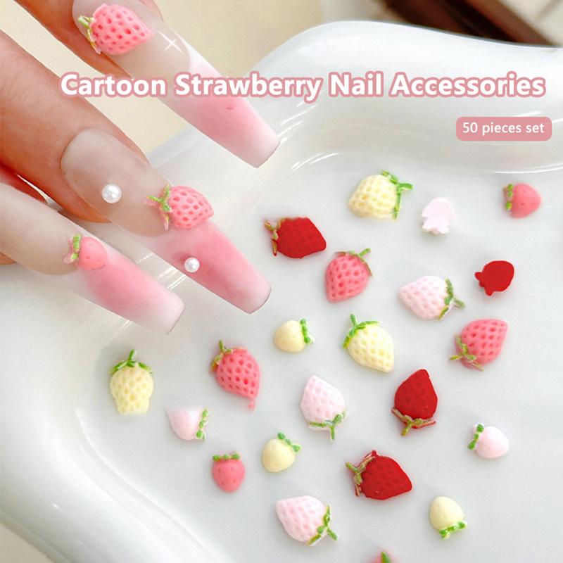 50Pcs Sweet Strawberry Nail Charms 3D Resin Cartoon Fruits Nail Rhinestones Decorations Parts Diy Summer Nail Art Accessories