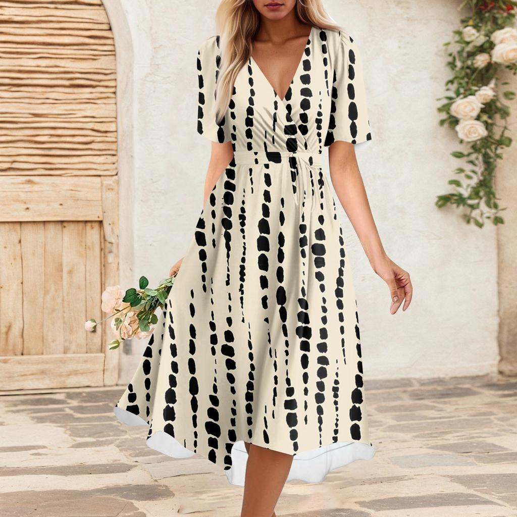 Women's Summer Loose V Neck Short Sleeve Dress, Elegant Dress