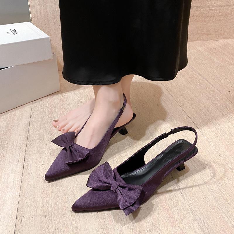 Low heel pointed head thin heel high heels women's bow temperament empty single shoes 2025 spring and summer bag head sandals women