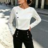 Spring and Autumn European and American temperament commuting elegant cross V-neck long-sleeved women's top solid color versatile casual T-shirt