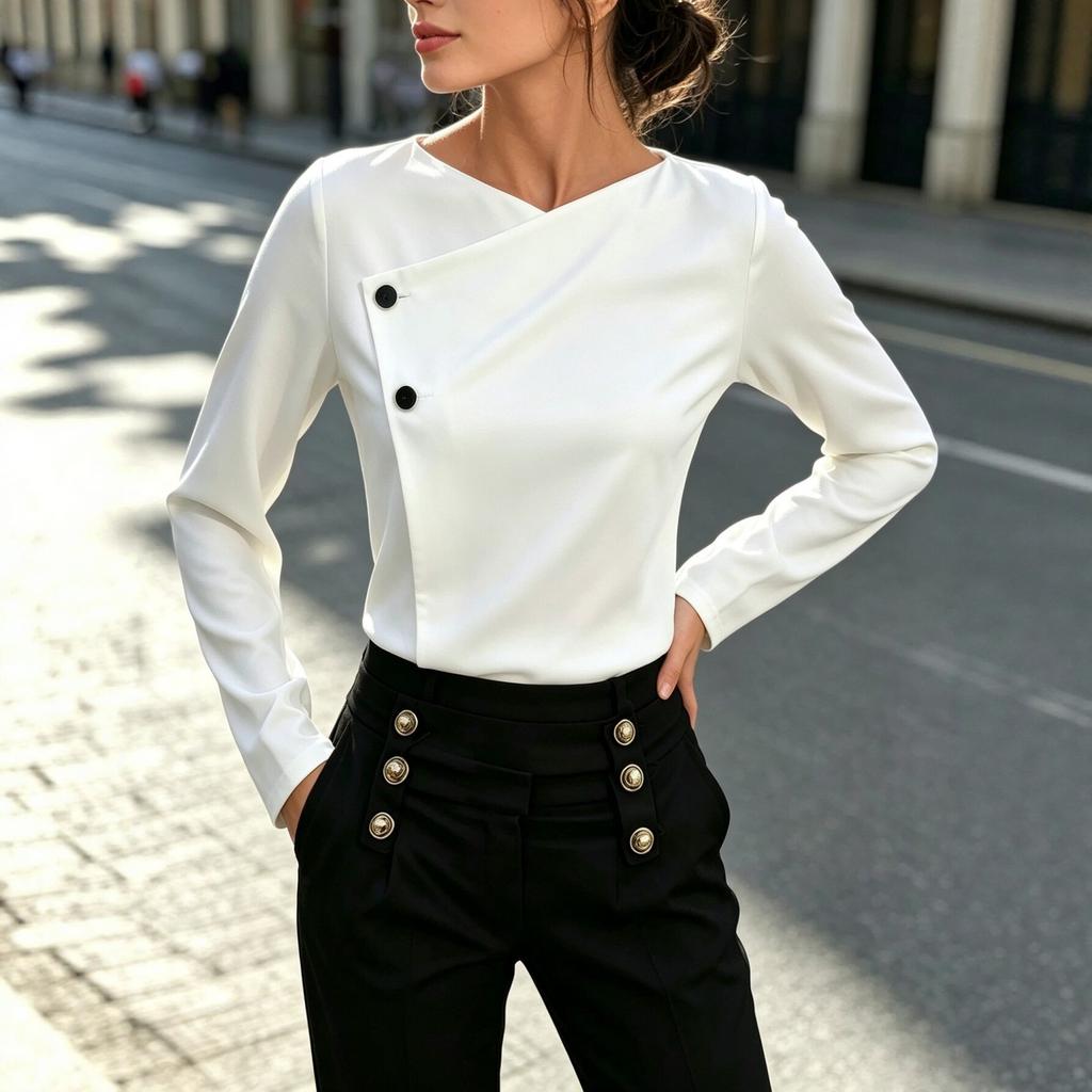 Spring and Autumn European and American temperament commuting elegant cross V-neck long-sleeved women's top solid color versatile casual T-shirt