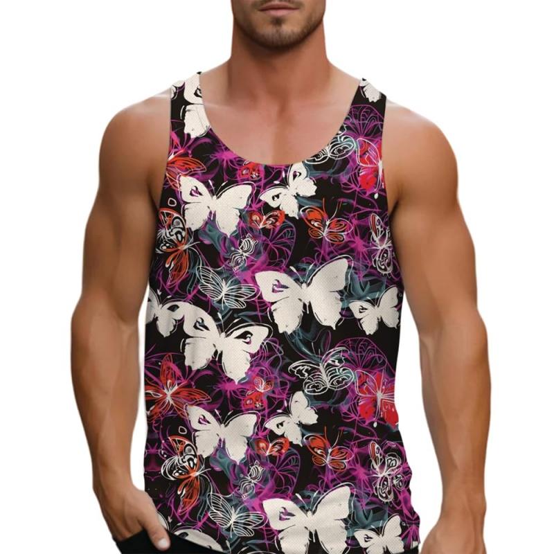 3D Printed Colorful Gradient Butterfly Tank Tops For Men Insects Pattern Tees Summer Loose Street Sports Round Neck Vest Tops S
