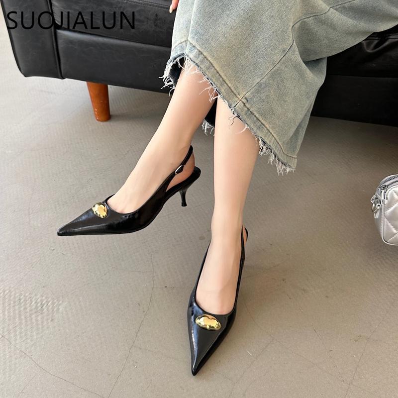 Fashion SUOJIALUN 2025 Spring New Brand Women Sandal Fashion Gold Buckle Ladies Elegant Slingback Sandals Thin High Heel Pointed Toe Pum