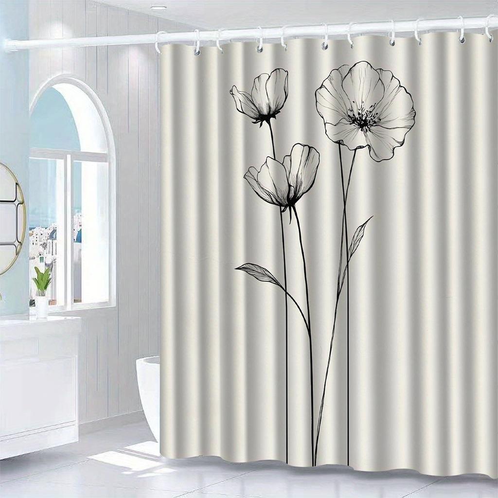 Floral Shower Curtain, Artistic Black & White Flowers, Polyester, Machine Washable with Hooks