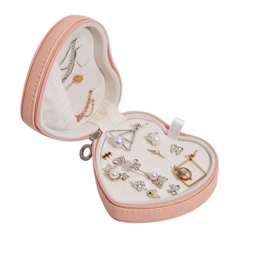 

PU Leather Love Jewelry Box Zipper Jewelry Display Case Cute Heart-Shaped Jewelry Box for Home розовый