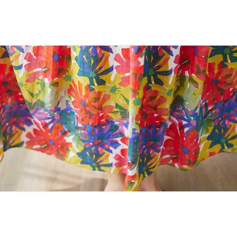 Cotton and Linen Printed Patchwork Long Skirt with Suspender and Large Cake Skirt for Women