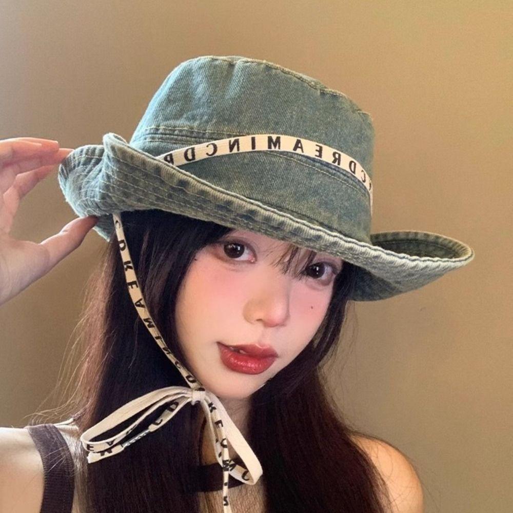 Letter Denim Bucket Hat With Tie Belt Sunscreen Hat Casual Jeans Fisherman Hat Climbing