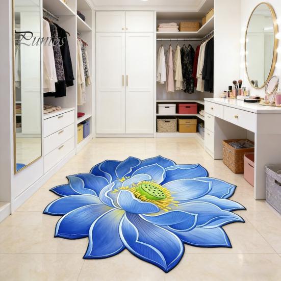 Child Safe Floor Mat 3D Lotus Realistic Flower Living Room Rug Shape Anti-Slip Area for Kitchen Bedroom Bathroom Playroom