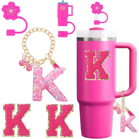 Cup Accessories Set for Stanley Cup 30oz 40oz tumbler with handle, Including Silicone Straw Topper Cover Cap, Handle Charm, Initials Sticker Fuchsia