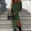 Frauen Herbst Winter, Figurbetontes Kleid Schulterfrei Langarm Schlitz Saum Slim Fit Enges Party Midikleid Einfarbiges Hüftwickelkleid