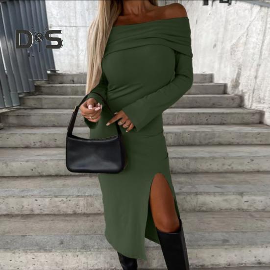 Frauen Herbst Winter, Figurbetontes Kleid Schulterfrei Langarm Schlitz Saum Slim Fit Enges Party Midikleid Einfarbiges Hüftwickelkleid