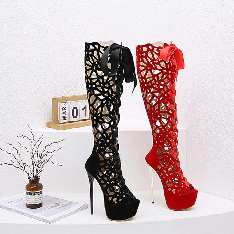 Fashion 16CM Thin High Heels Sexy Nightclub Hollow Out Over The Knee Boots Women Peep Toe Lace-Up Zip Platform Shoes Sandals
