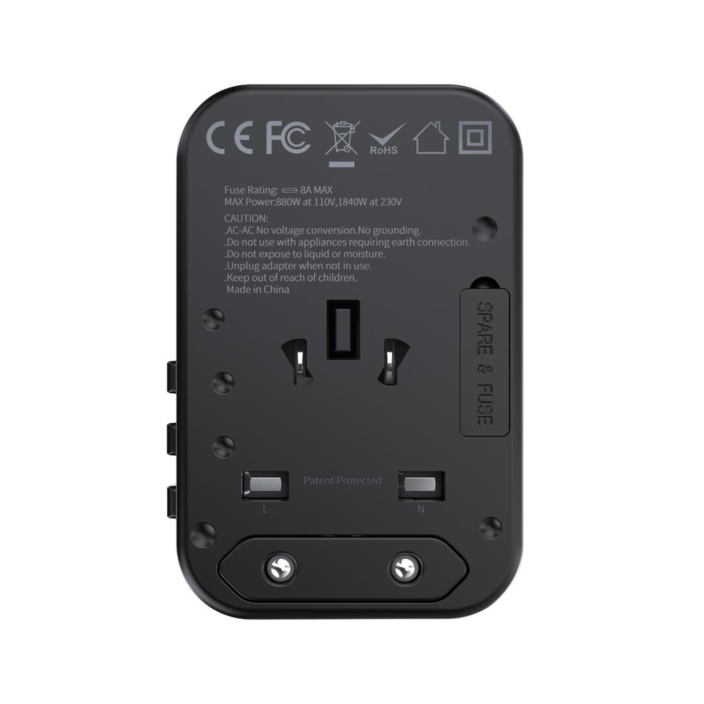 Choetech PD5009-BK GaN 65W Travel Adapter - EU/US/UK/AU 2x USB-C, USB-A, Black