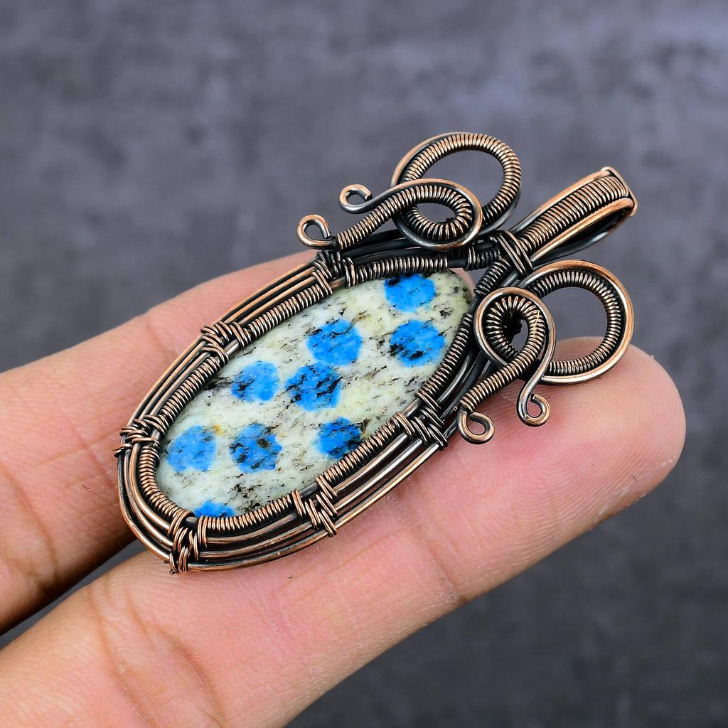 K2 Azurite Gemstone Copper Wire Wrap Jewelry Pendant 2.36" T0B53