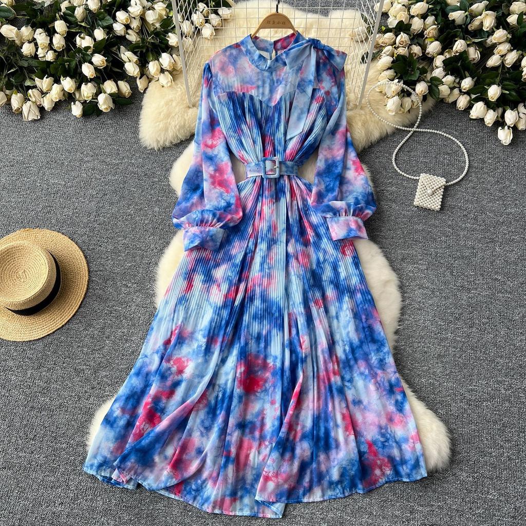 French Vintage Print Chiffon Dress Women Bow Lace-up Lantern Sleeve Elegant Loose Casual Evening Holiday Dresses