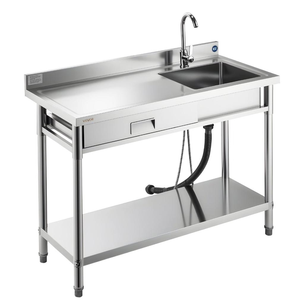 Stainless Steel Utility Sink, Rolling Single Bowl Commercial Kitchen Sink with Drawer, Faucet and Hot & Cold Water Pipe, Utility Basin for Garage,