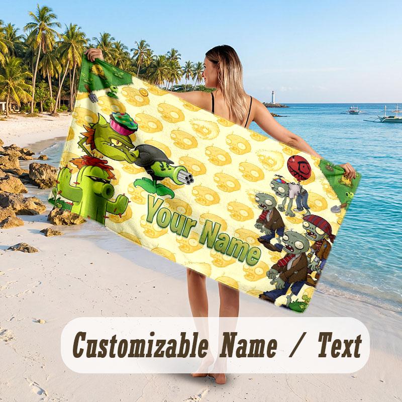 Personalized Beach Towel,Plants vs. Zombie Custom Printed Name Text, Super Absorbent Towel For Beach Vacation