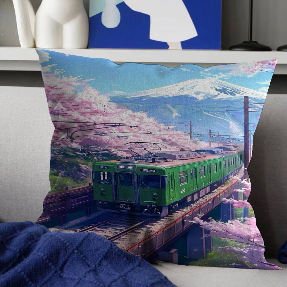 Retro Japanische Landschaft Leinwanddruck Asiatische Eisenbahn Personalisierte Kissenhülle Kinderzimmer Wilde Party Dekor Kissenbezug