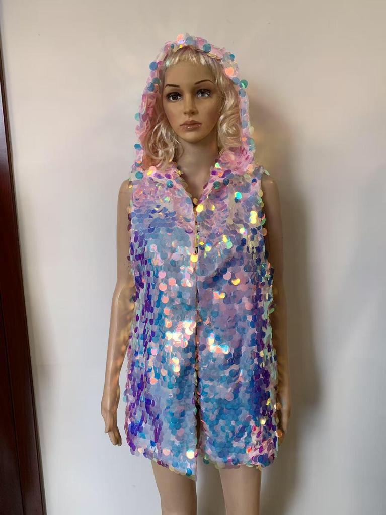 Women's LED Glowing Sequin Jacket – Hooded Nightclub Performance Vest