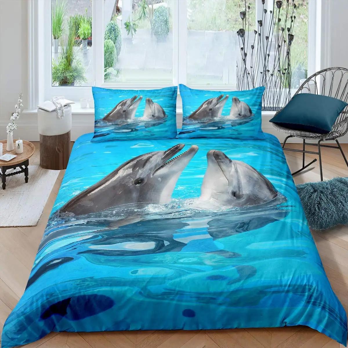 

3D дельфин в синем море Queen King Size комплекты постельного белья Animal Single Quilt Duvet Cover Set Детская кровать для взрослых Полиэстеровое постельное белье EU Single(135x200cm)