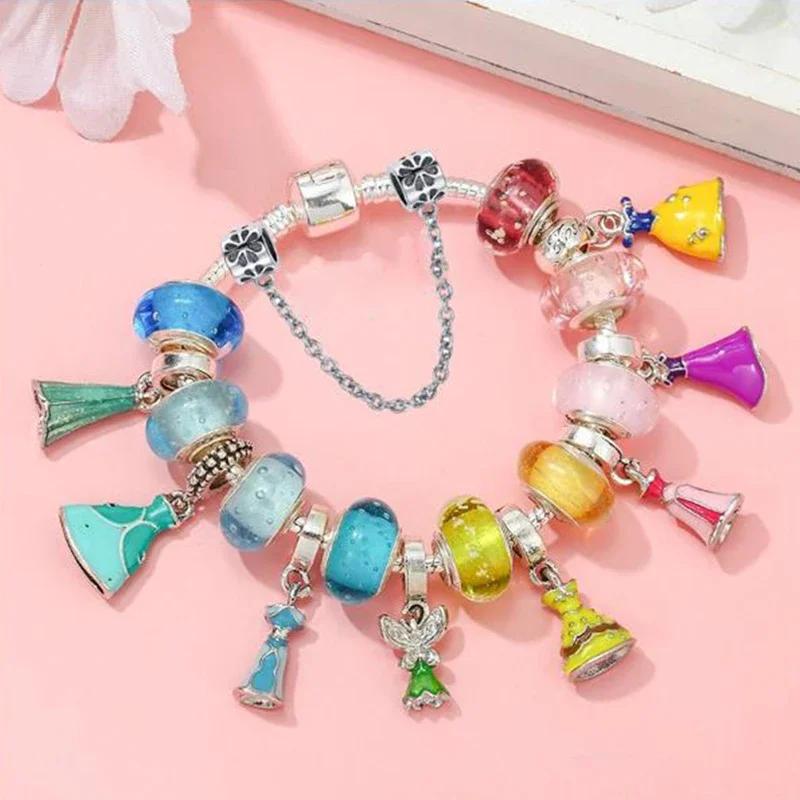 Colors Enamel Disney Princess Dress Charms Pulseiras for Girls Colorful Glass Beads Bracelets&Bangles Women Cartoon Skirt Dangle