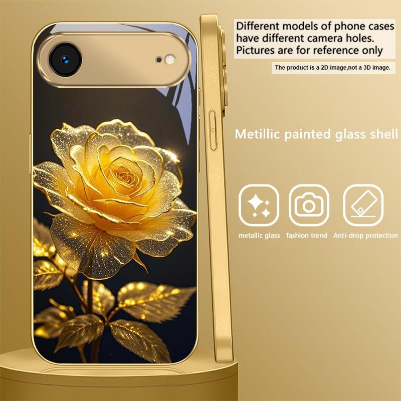 Elegant golden rose For IPhone 17Pro Max 16 17 Pro 15 Pro 14 13 Plus 12 Mini 11Pro Max XR 16E 17 Air Golden glass phone case