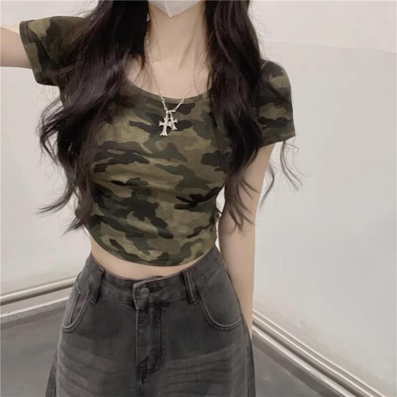 American Spice Girl Short Camouflage Short Sleeve T-Shirt Summer Slim Skinny Sweet Cool Unique Back Hollow Niche Top s [ 35-47.5kg ]