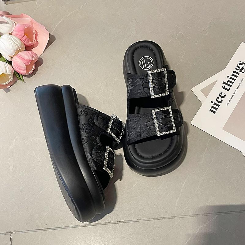 Modne 7,5 CM Klamra Kryształowa Damskie Kapcie Fluorescencyjny Skórzany Pasek Sandały na Platformie Cyrkonie Letnie Buty dla Kobiety Klapki 2024