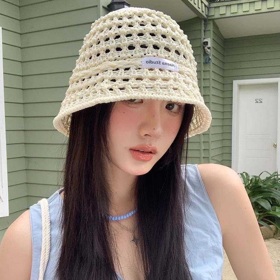 Hollow straw hat women's summer bucket hat sunshade sunscreen hat straw woven basin hat show face small bucket hat