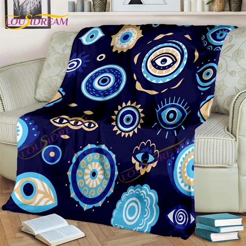 Bule Evil Eye Blanket Hamsa Hand Psychedelic Blanket for Travel Bedding Chair Adult Lightweight Bohemian Style Blanket Tapestry