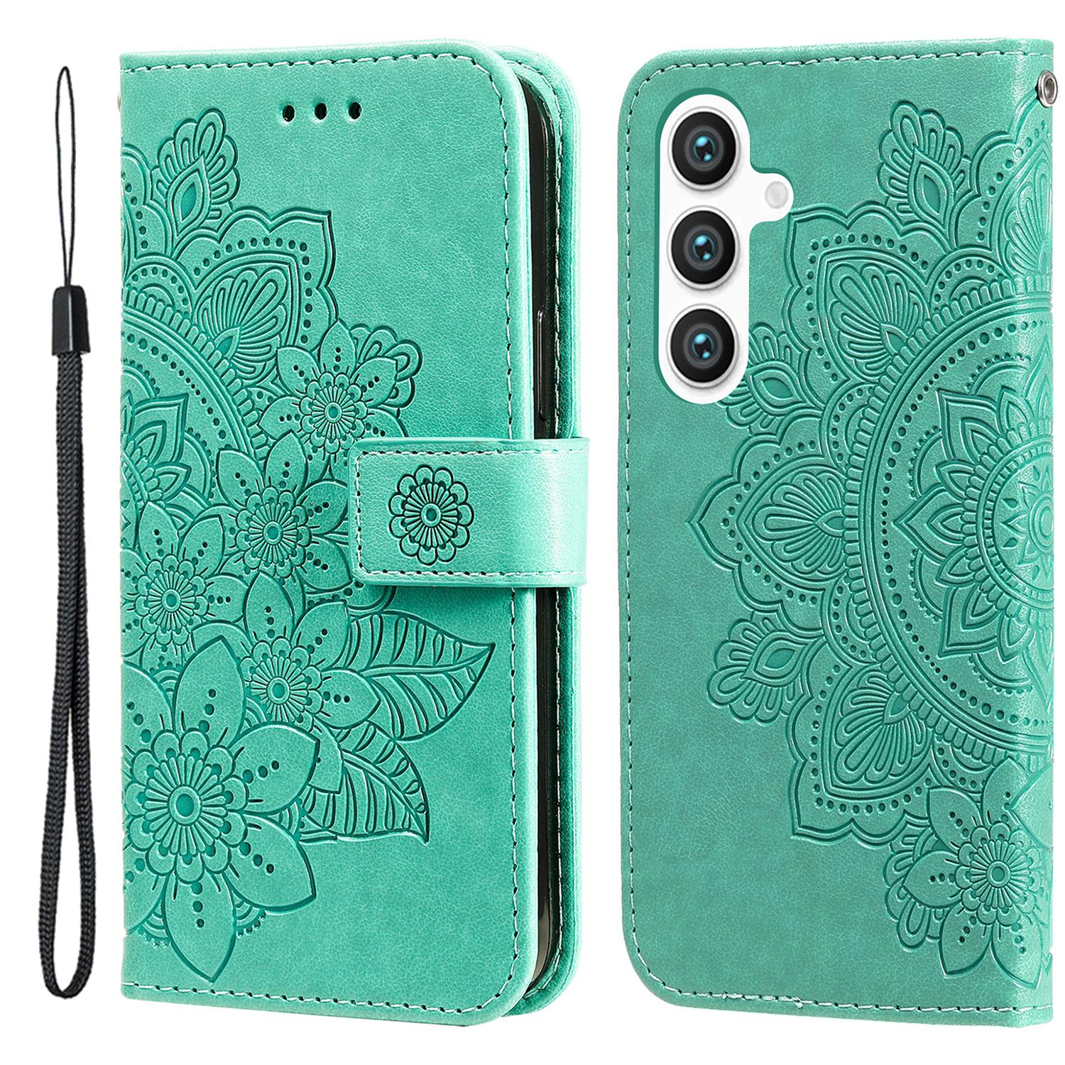 

For Samsung Galaxy S24 Case Floral Pattern PU Leather Wallet Stand Phone Cover Green