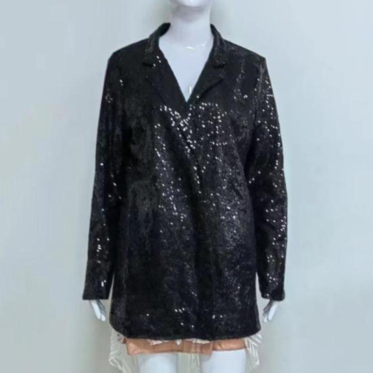 Shiny Sequins Women Casual Loose Fit Long Sleeve Cardigan Lapel Open Front Solid Color Suit Coat Clubwear Jacket
