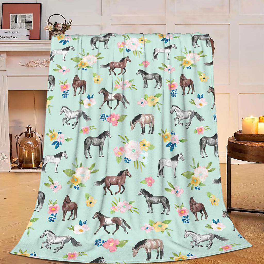 Horse Floral Blanket Animal Flower Pattern Print Throw Blanket Super Soft Comfortable Lightweight for Living Room for Kids Teens