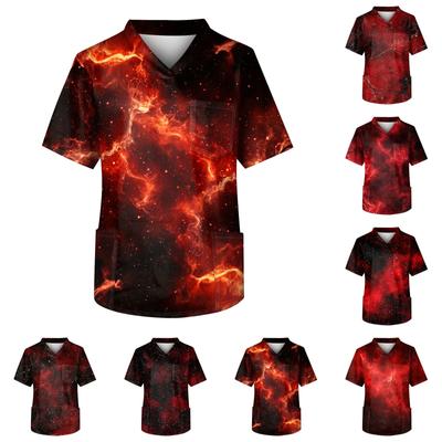 Men's Printing Short Sleeve V-neck Working Blouse Chest Pocket Carer Top