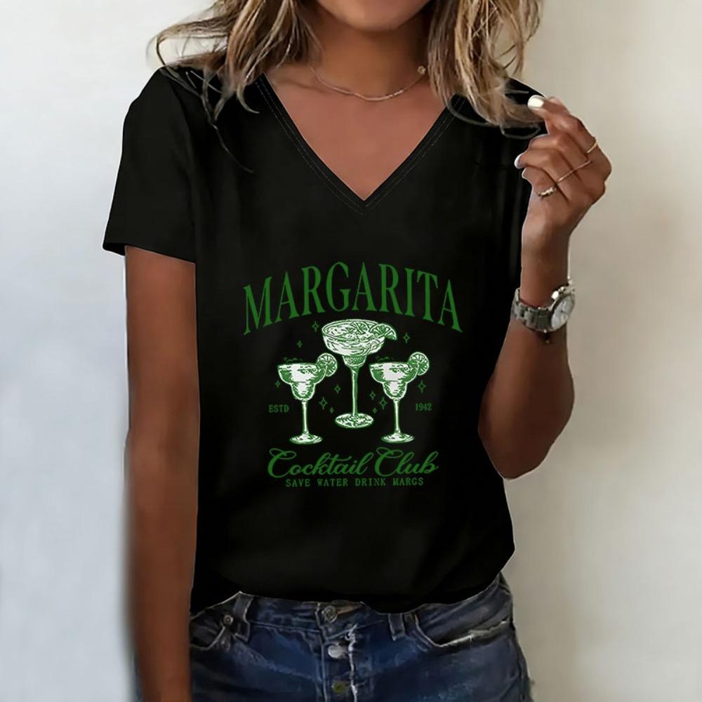 

Trendy T-shirt V Neck Casual Fashion Vintage Drinking Printed T Shirts Women Short Sleeve Tee Shirt V-Neck Summer Spring XL