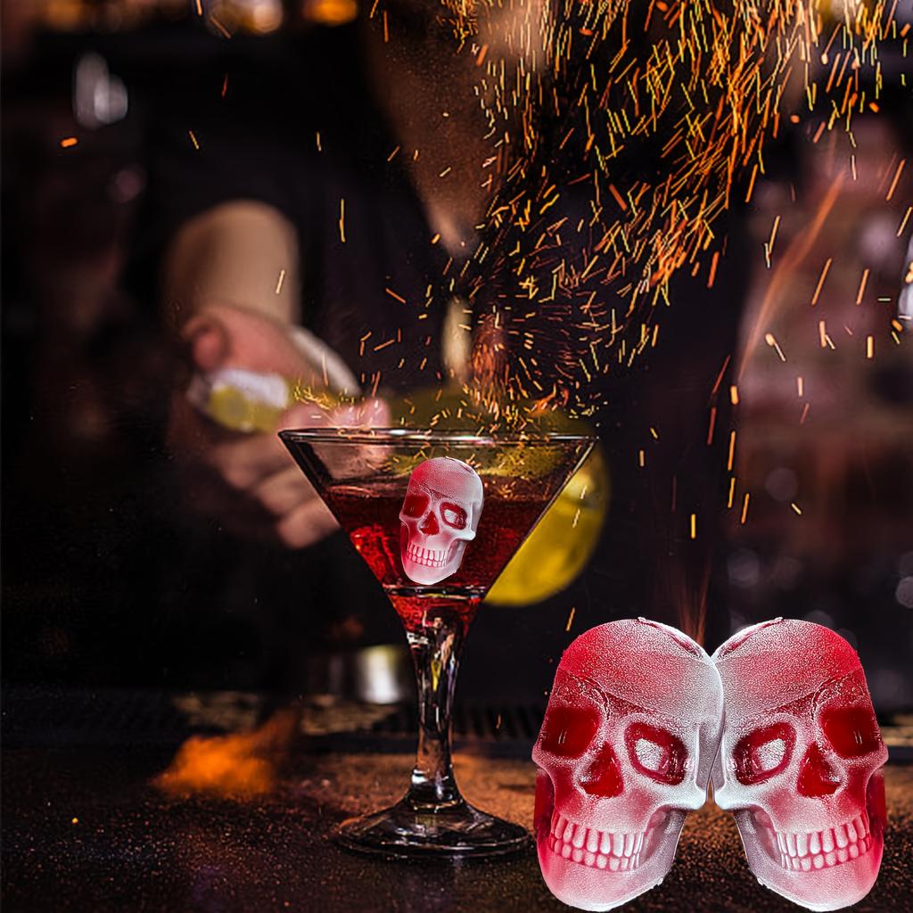 Halloween Party Ice Cube Mold - 3D Skull Shape Food Grade Silicone Tray 4/6 Cavity for Whiskey Cocktail, Spooky Baking Chocolate