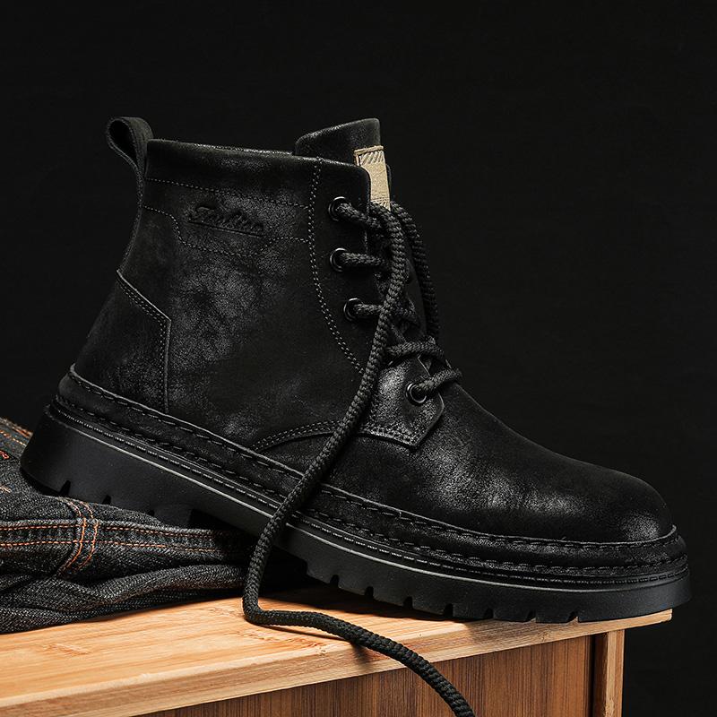 New Arrival Genuine Leather Mens High Top Shoes Fashion Outdoor Motorcycle Boots Lace Up Non-Slip Male Ankle Boots Walking Shoes