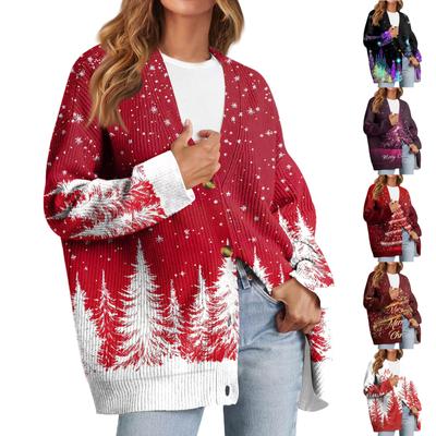 Women's Fashion Long Sleeve Christmas Print V-Neck Button Loose Cardigan Top