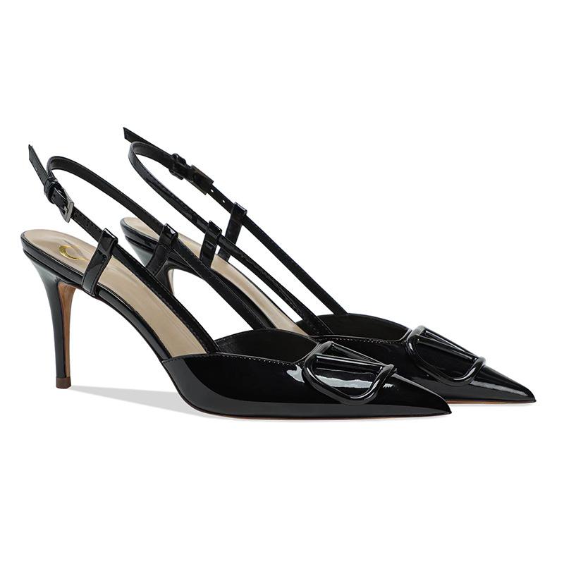 V buckle high heel rear empty stiletto sandals women's new summer pointed single shoes with rhinestone leather