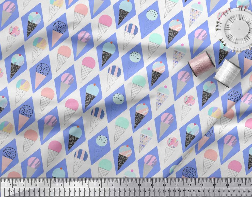 Soimoi Blue Japan Crepe Satin Fabric Diamond & Ice Cream Cone Food Print Fabric by the Metre 42 Inch
