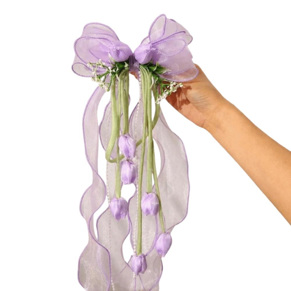 Long Ribbon Lace Bow Duckbill Clip Korean-style Girls Floral Hairpins Wedding фиолетовый