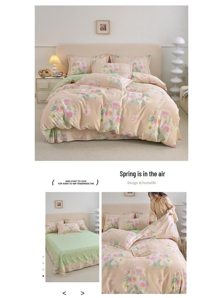 Fresh & Simple Pure Cotton Four-Piece Printed Dorm Set – Includes Three-Piece All-Cotton Bed Sheet, Bed Skirt, and Bedding Set.