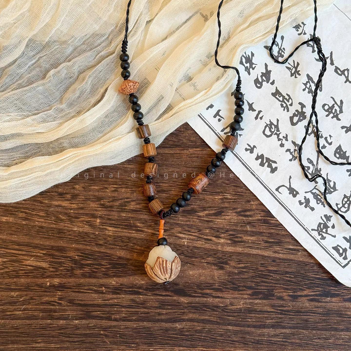 Zen-Inspired Wooden Beads White Jade Bodhi Necklace with Retro Niche Design – Long Sweater Chain for Women.
