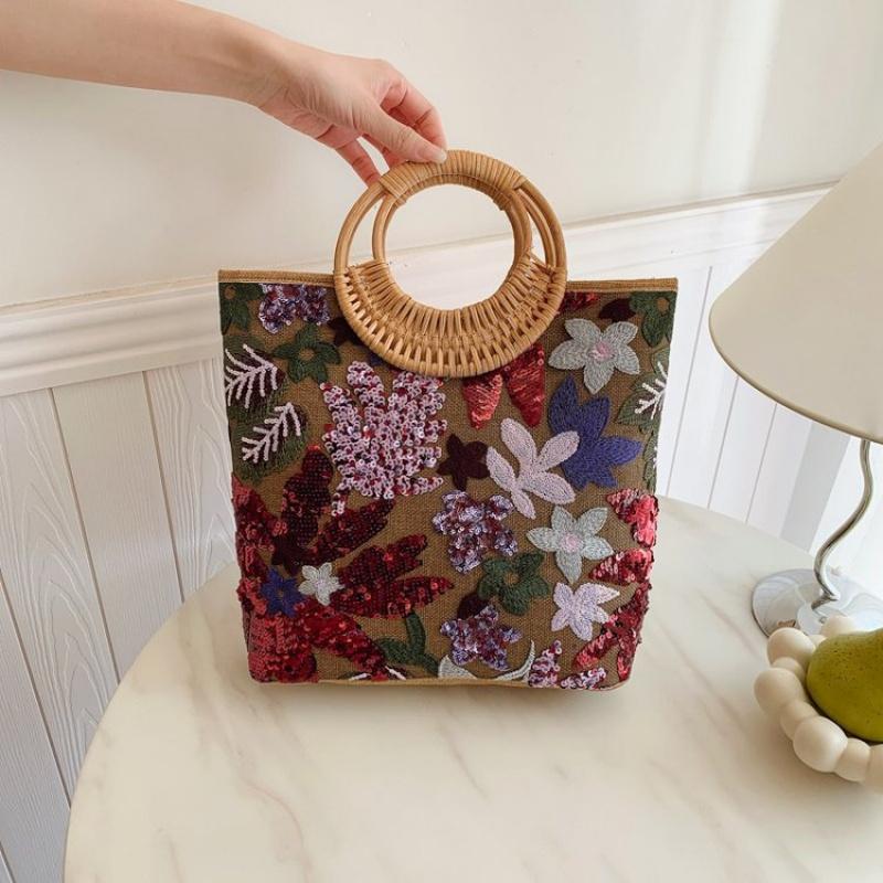 Ethnic Style Flower Embroidery Canvas Tote Bag Large Capacity Handbag For Women Top Handle Shopping Handbags