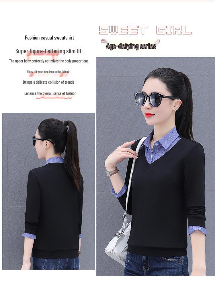 Khmer Farbblock-Revers Zweiteiliger Look Damen Langarm Herbst/Winter Pullover-Shirt